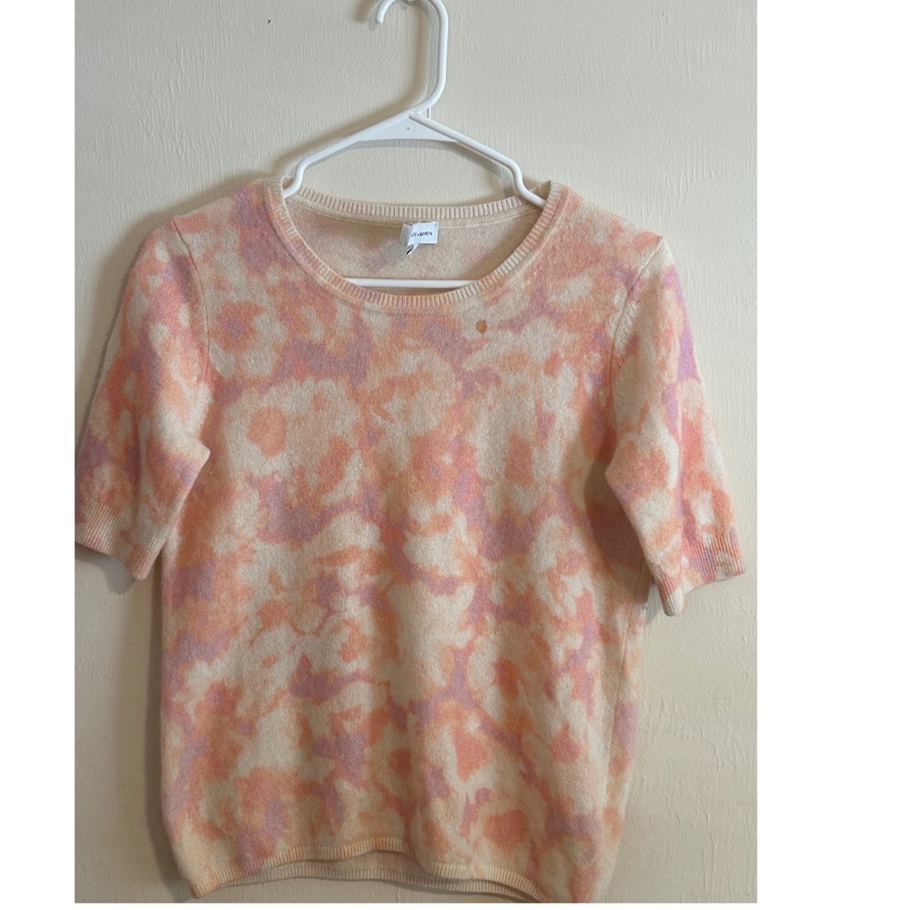 White + Warren 100% Cashmere Short Sleeve Tie Dye Sweater Peach Pink M